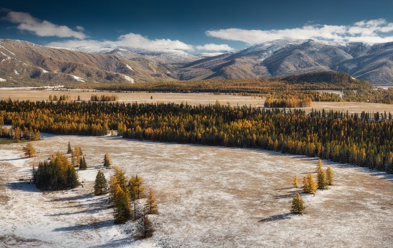 алтай, горный алтай, пейзажи алтая, кош-агачский район, горная степь, золотая осень, горы, осенний алтай, горная тайга Убеленная первым снегом фото превью