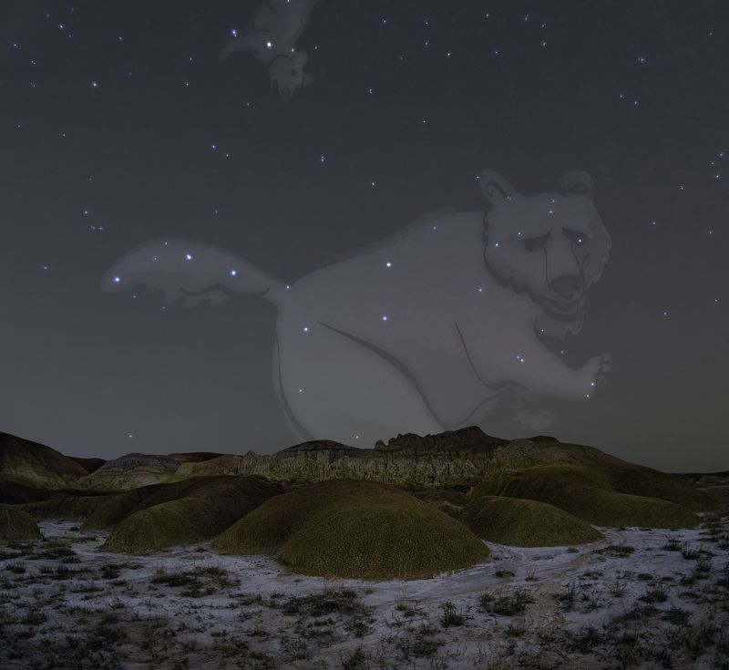 Звезды, небо, созвездие, пейзаж, астройпейзаж, ночь, медведь, медведица Важно шагая по макушкам фото превью