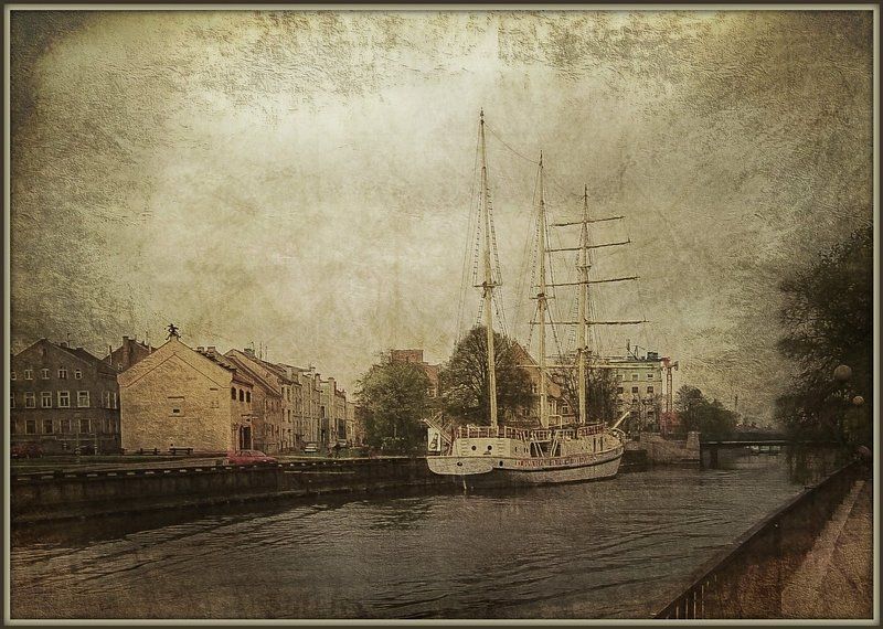 Клайпеда, Парусник, Пейзаж, Под старину, Стилизация, Фото обработка в старинном стиле фото превью