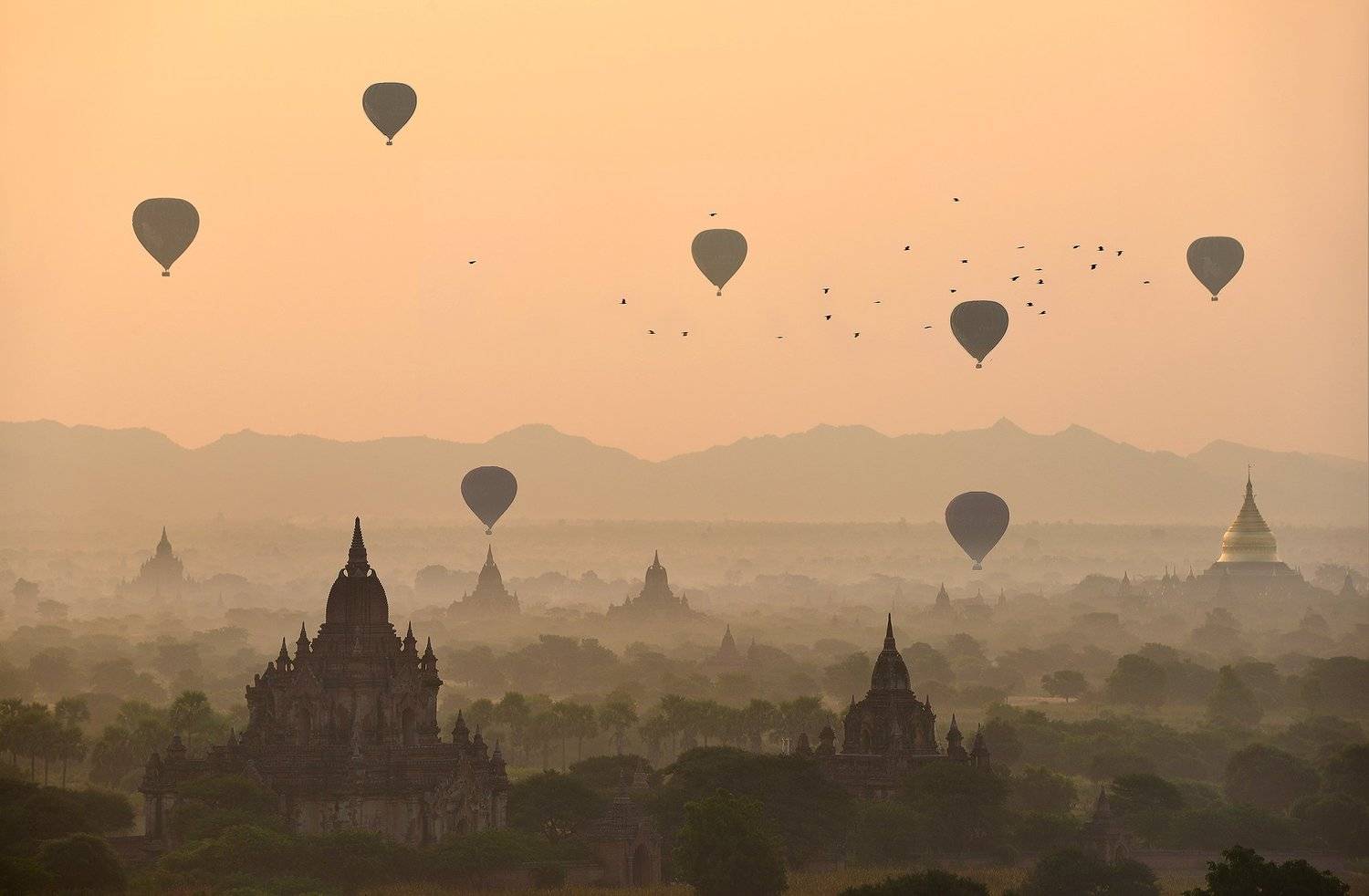 Adventure Ancient Architecture Bagan Built Structure Color Image Dawn Dusk Flying Fog Horizontal Hot Air Balloon Landscape Mandalay Division Mid-Air Myanmar Nature No People Old Ruin On The Move Orange Color Outdoors Photography Religion Scenics Silhouett, sarawut intarob