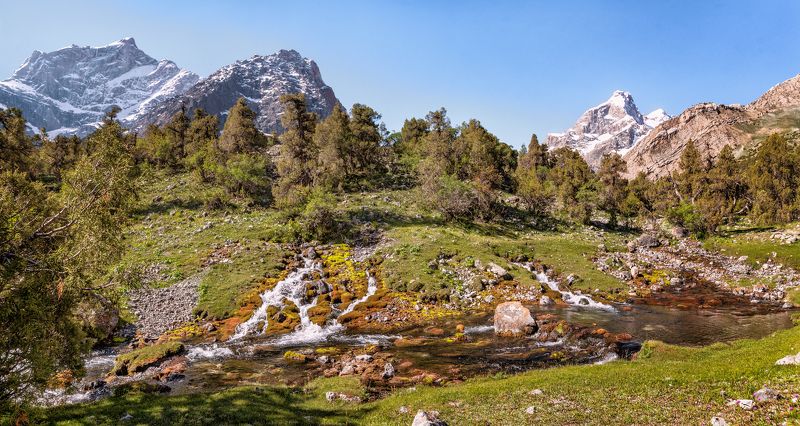 таждикистан, фанские горы, алаудинские озёра, ручей, камни, можжевельник  фото превью