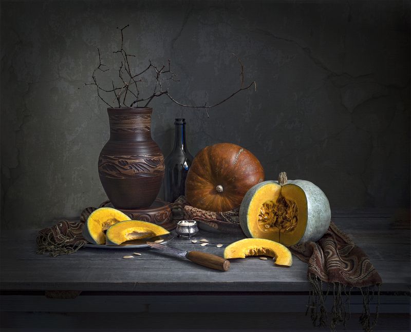 осень,тыква,крынка,драпировка,нож. С тыквой фото превью