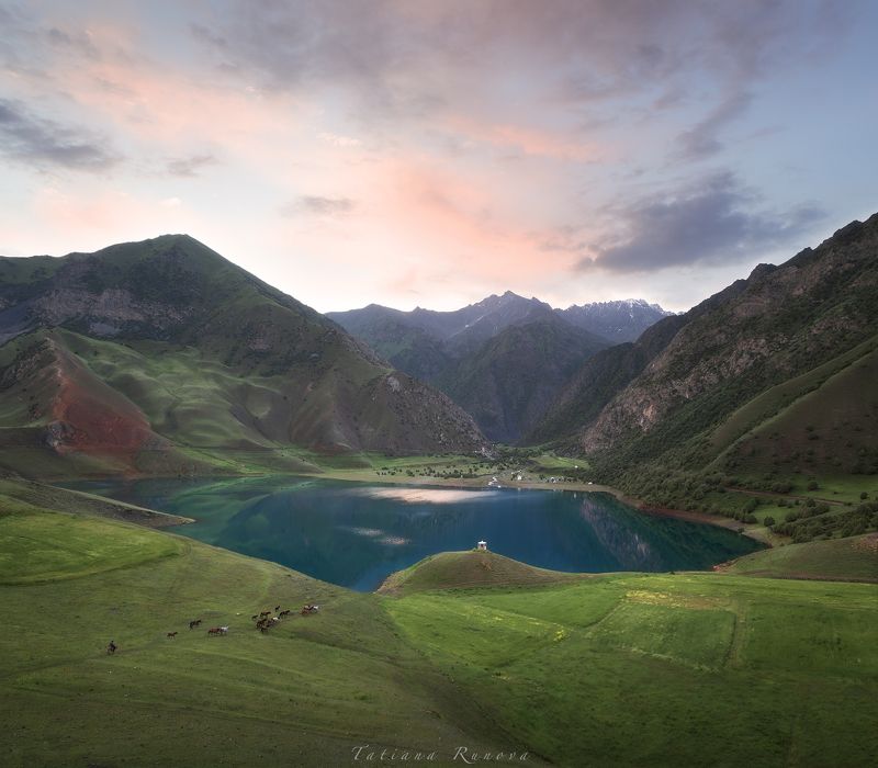 Раннее утро, пастух гонит табун лошадей... вода в озере ка зеркало, красивого синего цвета... стою на холме и жду восхода солнца... фото превью