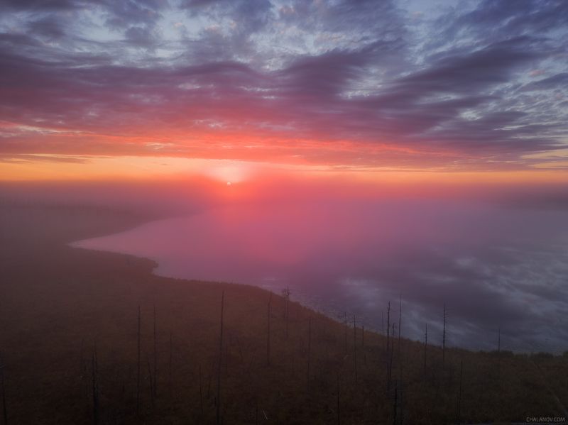 пейзаж, рассвет, озеро, туман, солнце, облака, дрон Розовые туманы фото превью