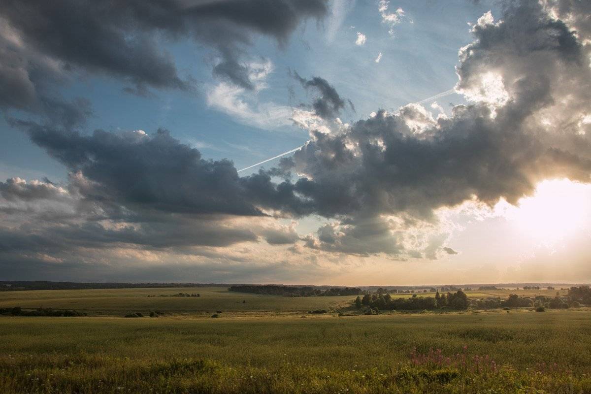 облака, небо, самолёт, закат, поле, Александр
