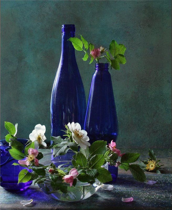 Бутылки, Натюрморт, Синий, Шиповник  фото превью