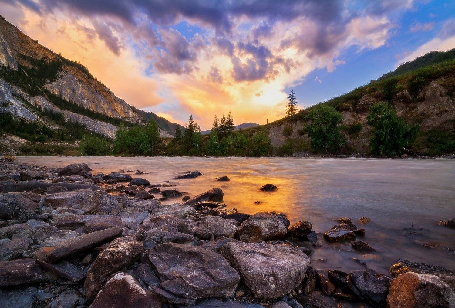 пейзаж, Алтай, река, вечер, закат, облака, Чуя, горы, скалы, камни, волны, Павел Силиненко