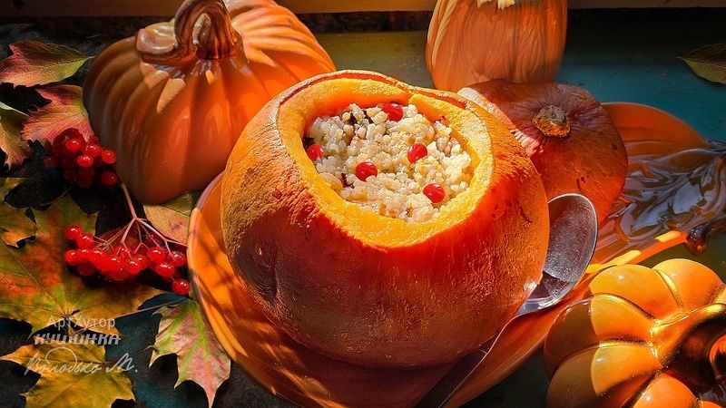 Тыква с рисом и фруктами фото превью