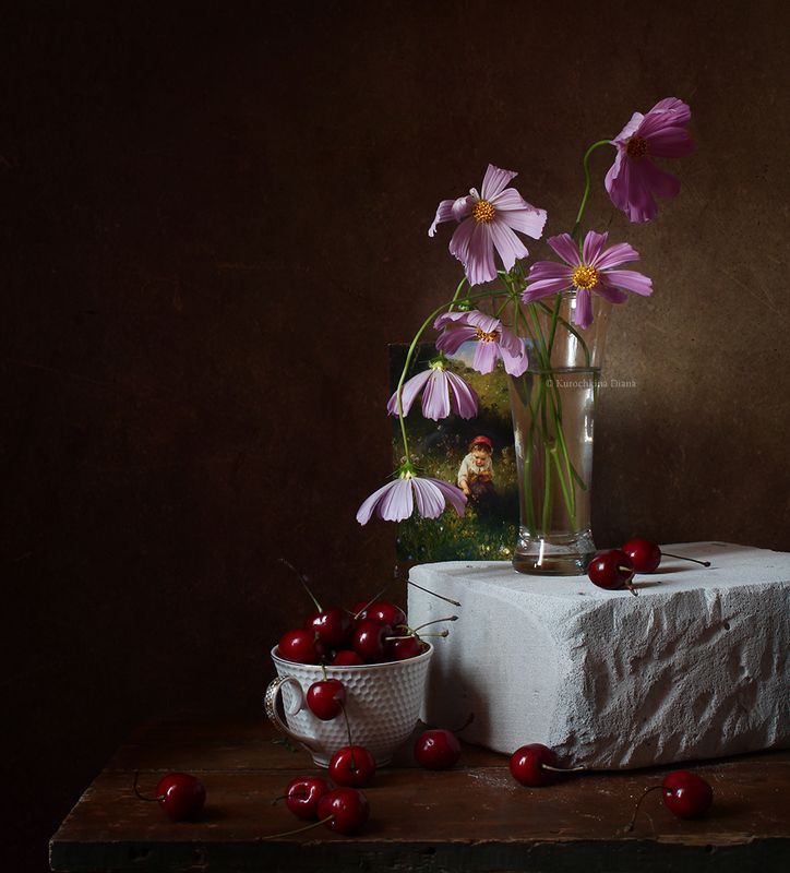 натюрморт, цветы, ягоды, черешня, космеи, открытка-девочка в поле-людвиг клаус ягодки, цветочки.. фото превью