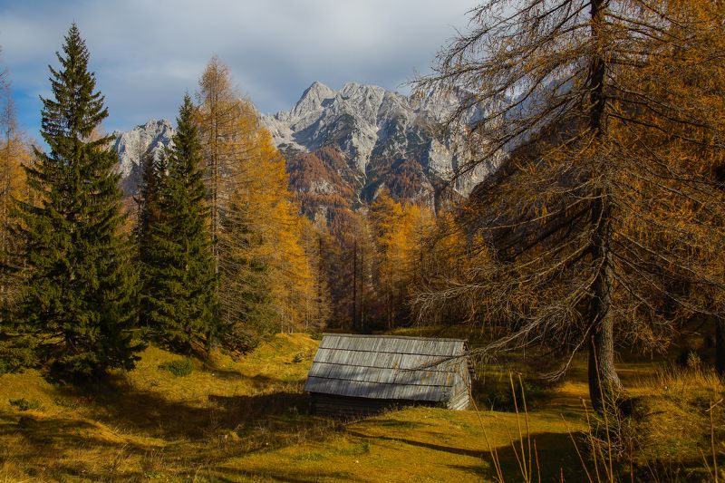 горы, пейзаж, облака, утро, осень, дом, скалы Дом в горах фото превью