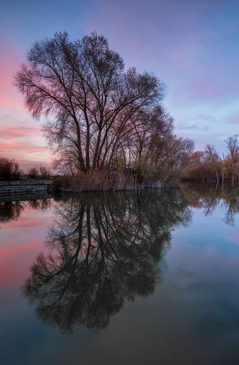 road, sunset, red sky, clouds, lake, water, reflection,  Gregor