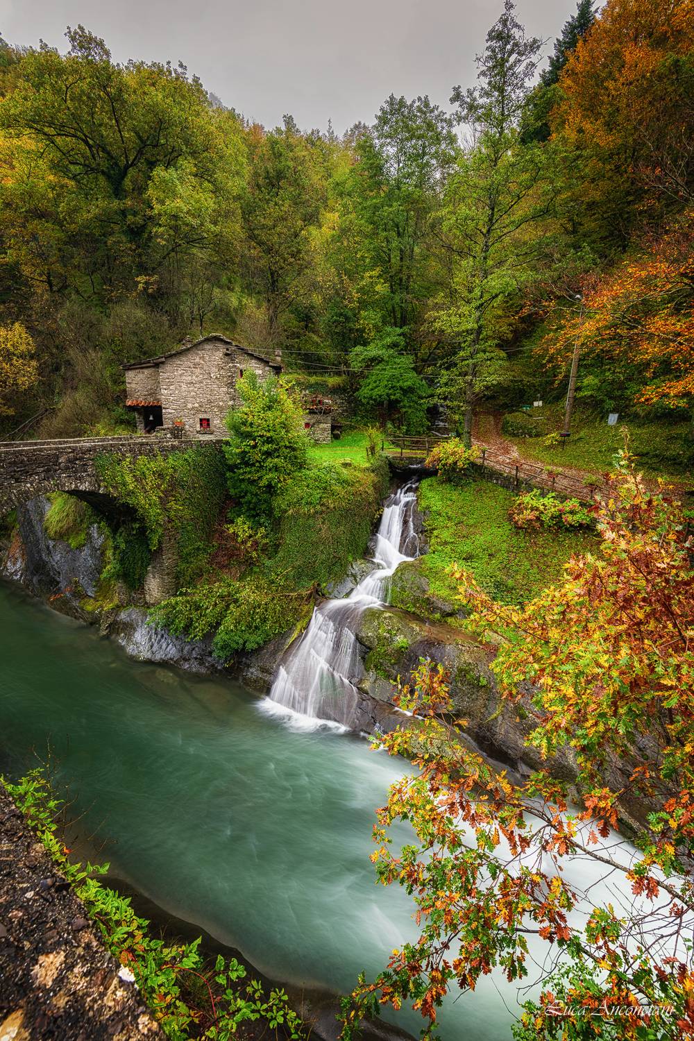 autumn appennino tuscany italy waterfall river landscape trees, Anconetani Luca