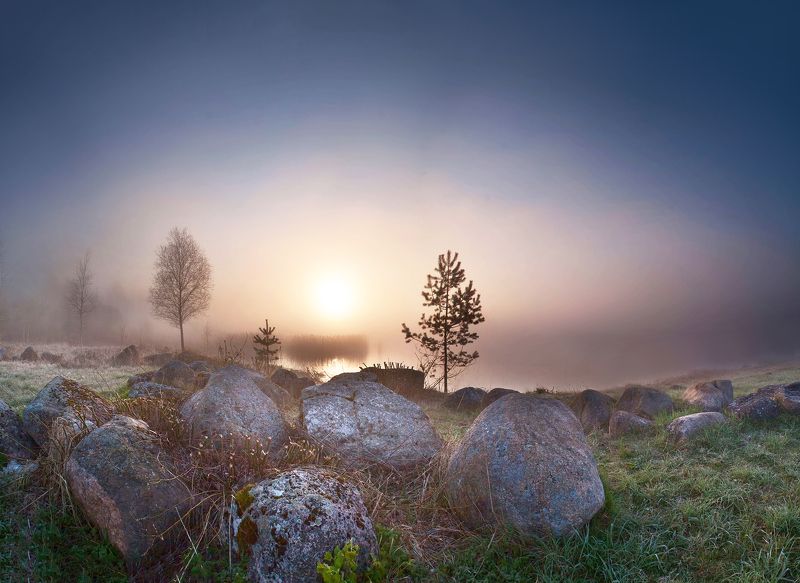 lake,dawn,morning,stones By the lake фото превью
