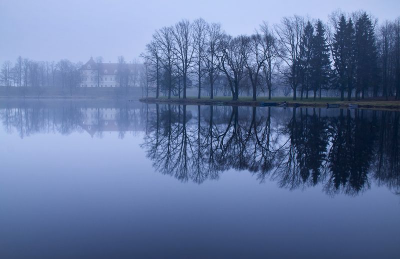 castle,lake,trees,fog,morning Autumn by the lake фото превью