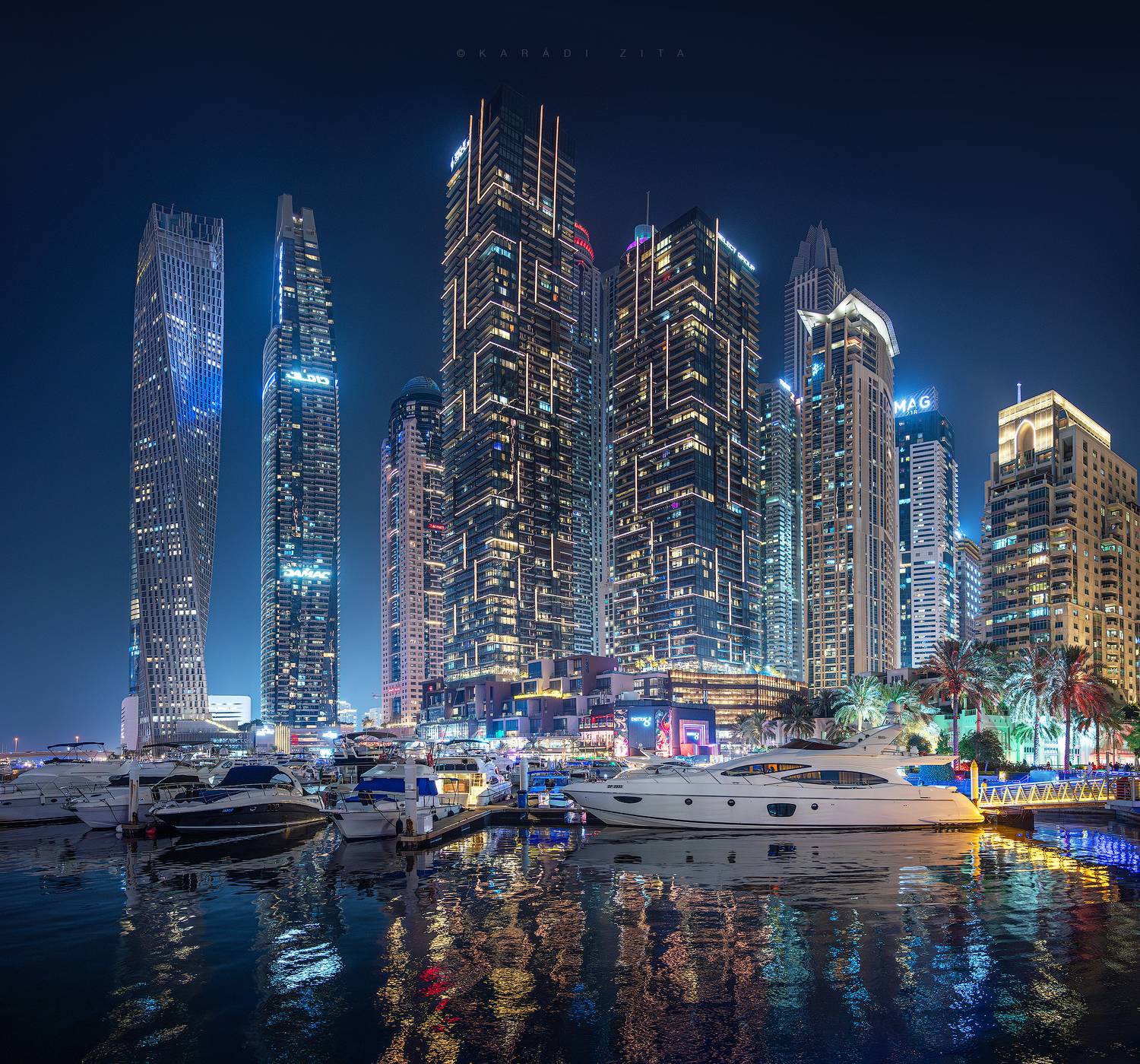 city, lights, urban landscape, urban, architecture, dubai, boats, skyscraper, skyline, marina, yachts, boats, longexpo,, Kar&aacute;di Zita