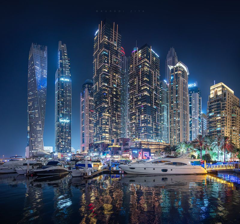 city, lights, urban landscape, urban, architecture, dubai, boats, skyscraper, skyline, marina, yachts, boats, longexpo, Symphony Of Lights фото превью