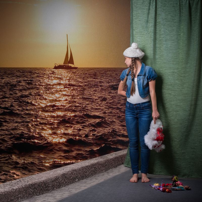 девочка, детство, игрушки, коллаж, море, океан, парусник, подросток 14 лет фото превью