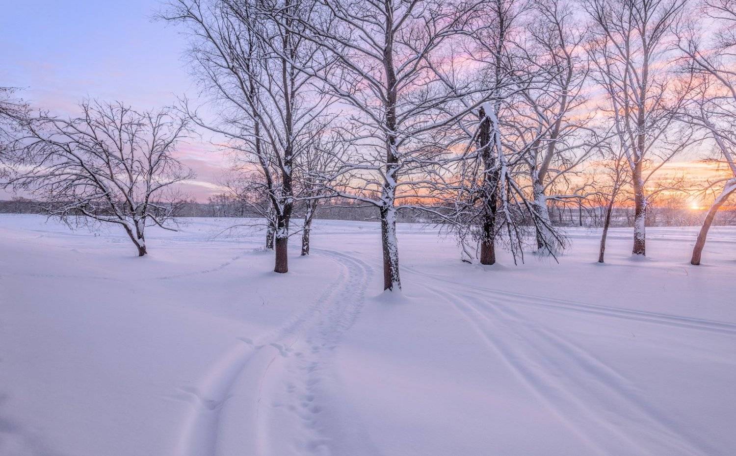 вечер, дороги, закат, зима, снег, солнце, облака, Виктор Климкин
