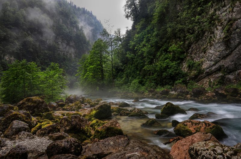 кавказ, река, горы, туман, мокрый, После грозы фото превью