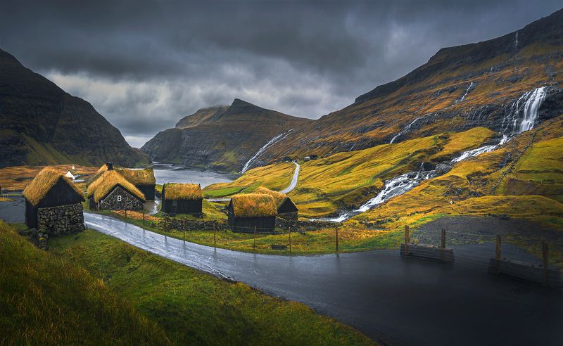 landscape, nature, scenery, sunrise, sea, rocks, island, houses, village, пейзаж, faroe Once upon a time in Saksun фото превью