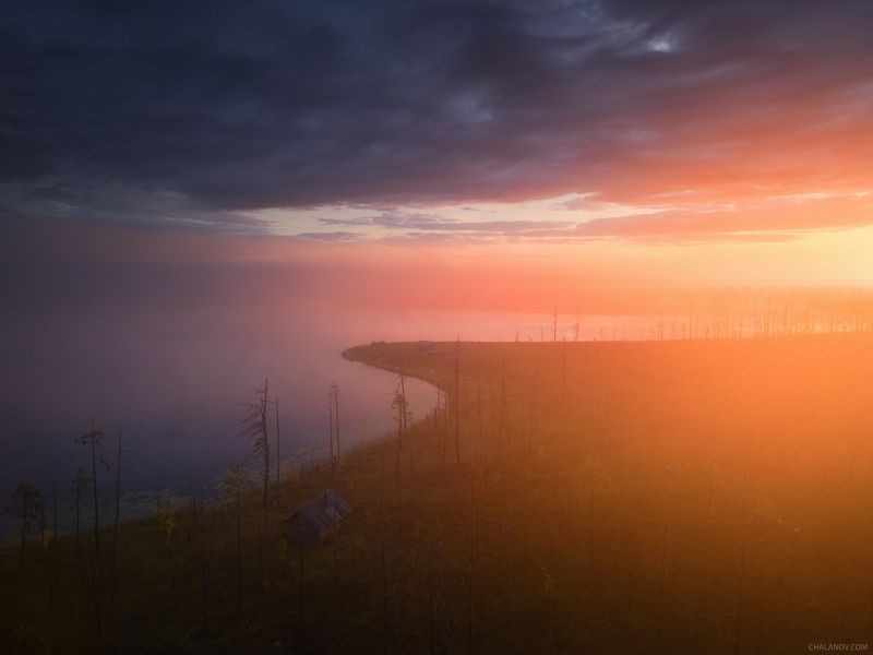 пейзаж, рассвет, озеро, туман, солнце, облака, дрон Свет рассеивает тьму фото превью