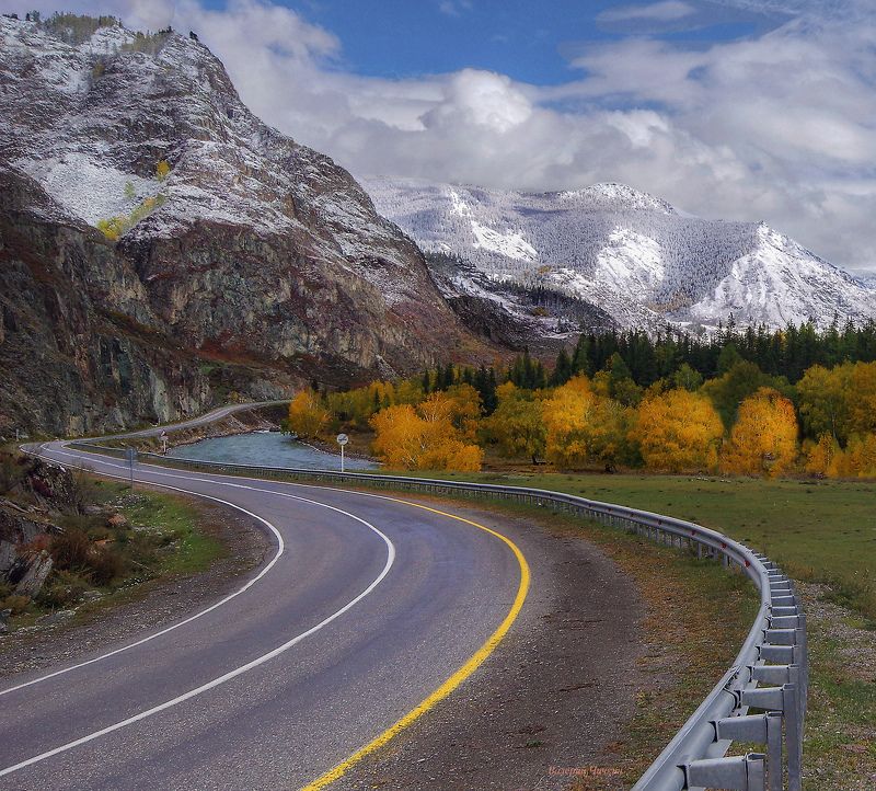 алтай, сибирь, чуйский тракт, дорога, снег, трасса, осень, река, чуя, валерий чичкин За поворотом осень фото превью