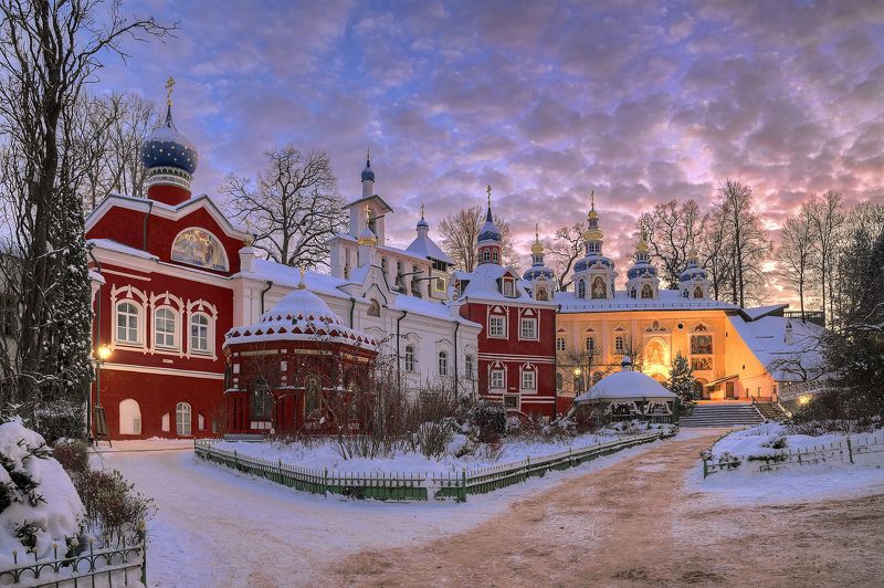 зима, вечер, монастырь, храм  фото превью