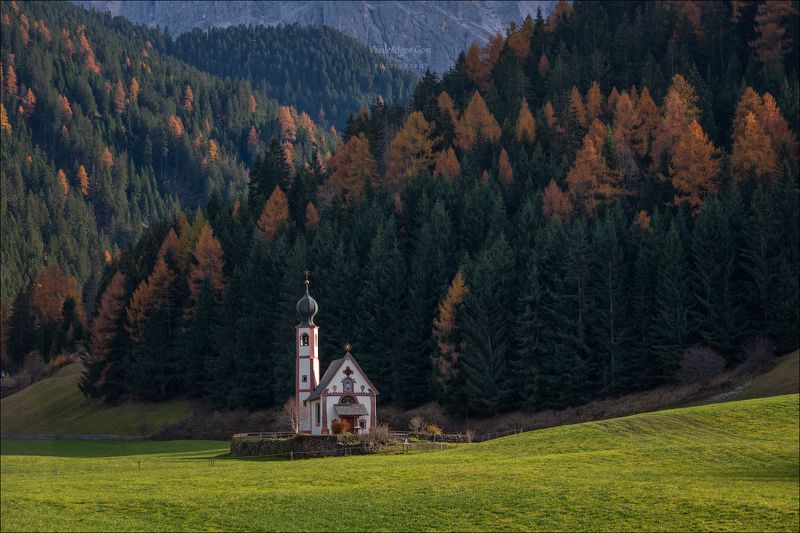 доломитовые альпы,santa maddalena,деревня,val di funes,осень,odle,италия,alps,ranui,san giovanni,церквушка,hills,mountain Среди гор и лесов фото превью