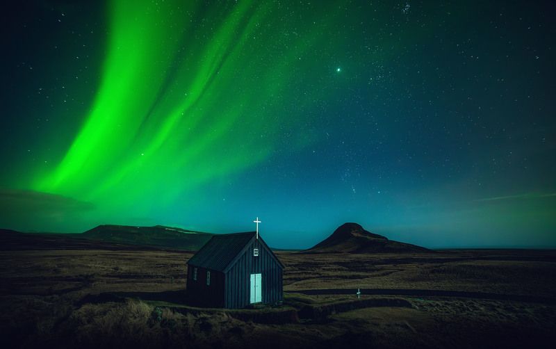 iceland, church, aurora, northern lights, night, nikon, d750, samyang, travel, explore, epic, scenic, visit, night sky, nature, mountains, Церковь, северное сияние и лунный свет фото превью