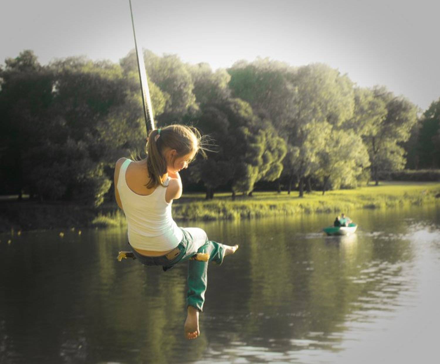 девушка, озеро, лодка, тарзанка, fatebeyond