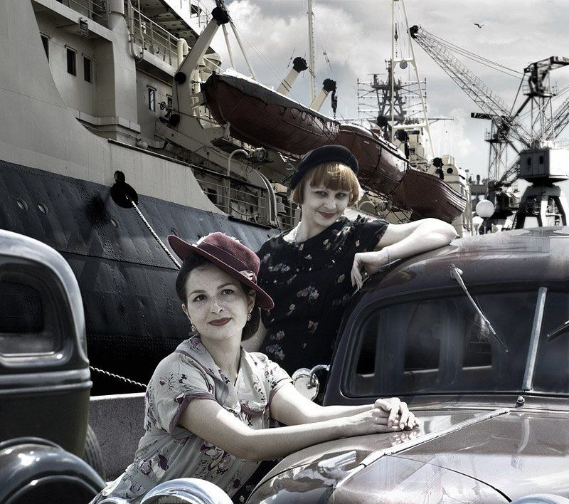 корабль, автомобиль, кран, девушки Порт фото превью