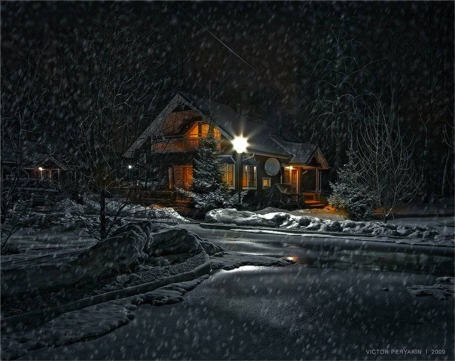 ночь, снег, финский, поселок, сугробы, фонарь, домик, Виктор Перякин