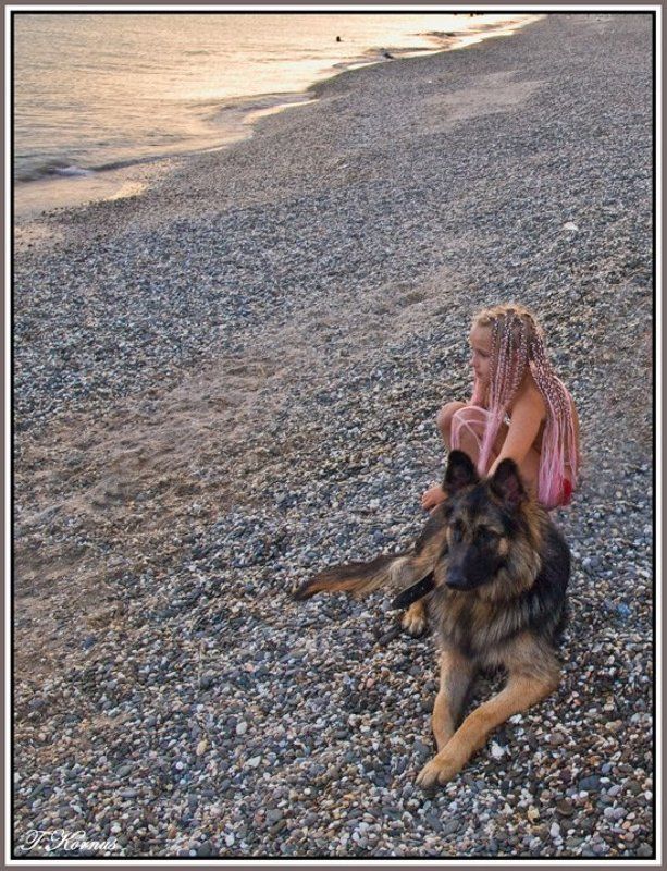 крым,евпатория,лето,море,вечер,закат,девочка,собака Подруги фото превью