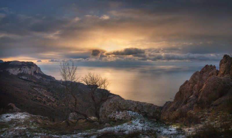 Горный Крым, Горы, Зима, Крым, Панорама, Пейзаж, Рассвет, Черное море Рассвет в горах над Ласпи фото превью