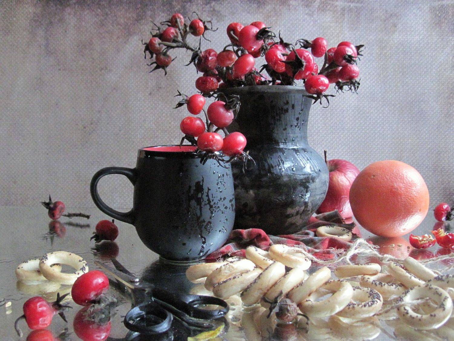 ветки, шиповник, яблоко, грейпфрут, сушки, керамика, Наталия Тихомирова