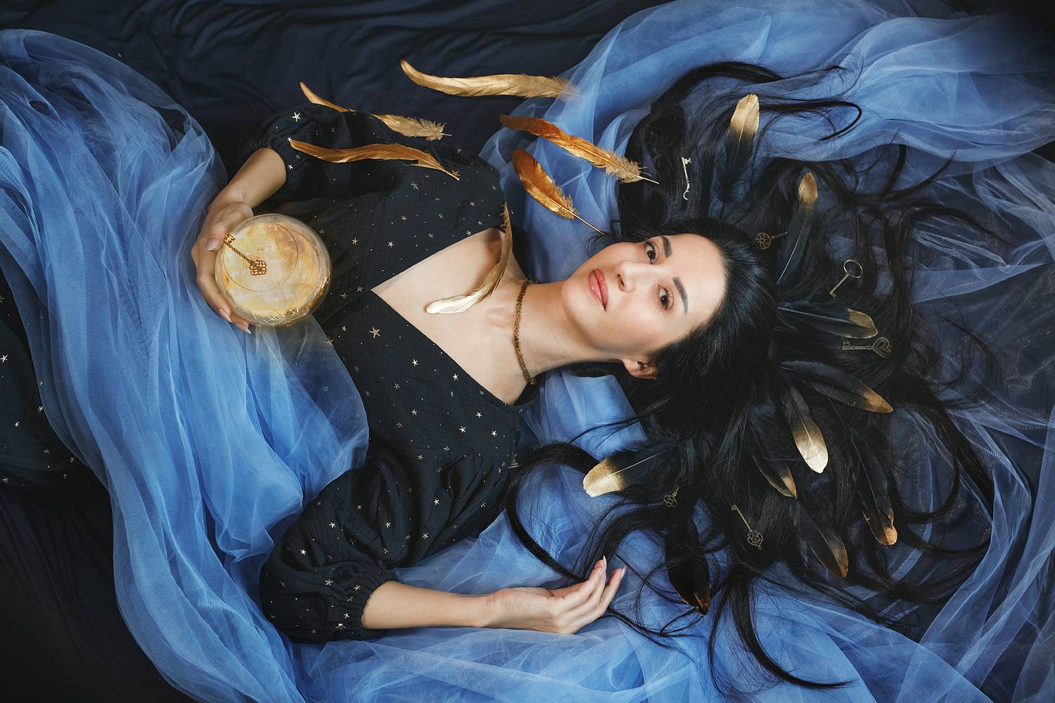 магия, ночь, звезды, волшебство, девушка, длинные волосы, ключ, цвет, печать, лицо, Ведмеденко Оксана