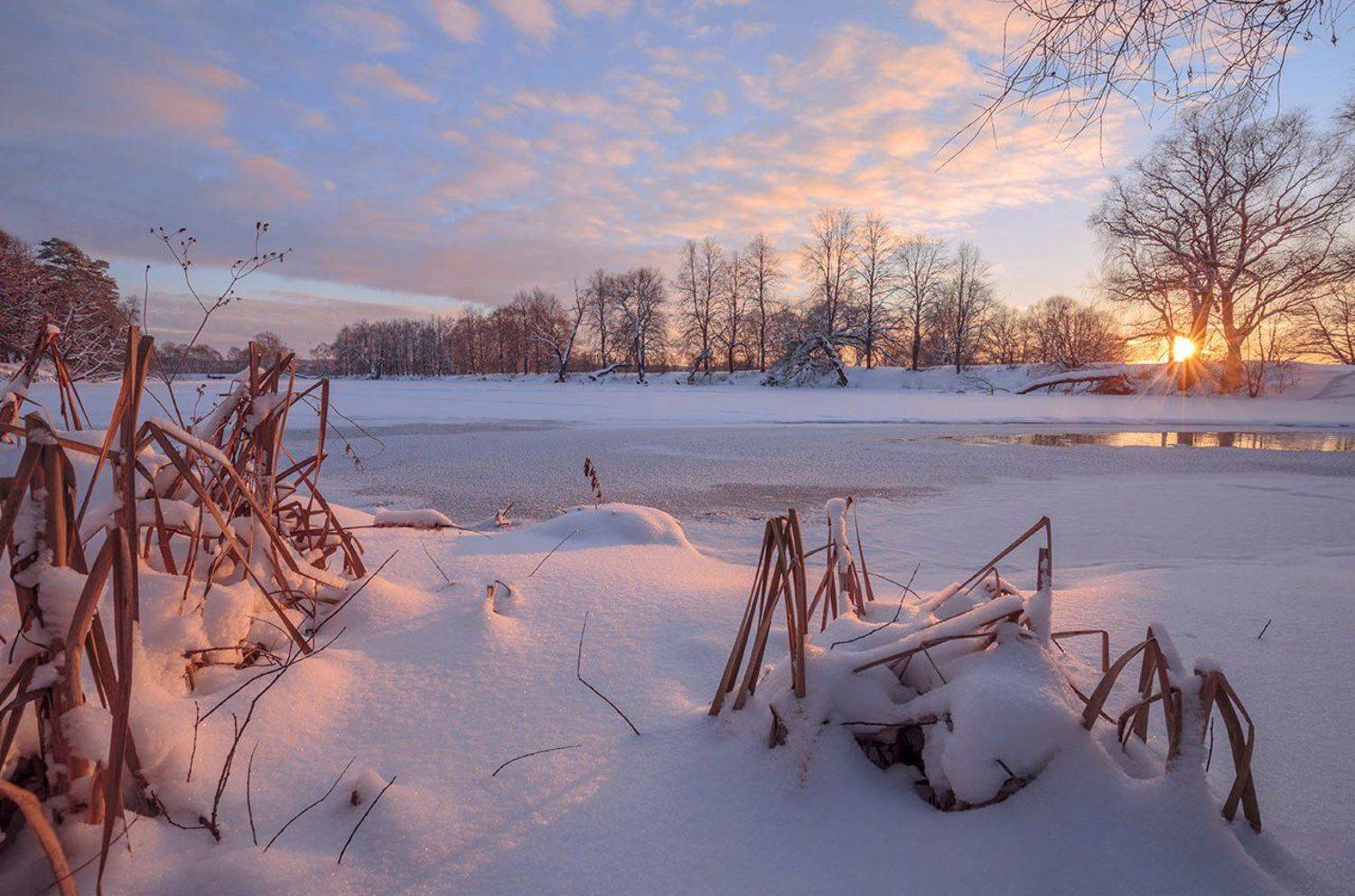 Закат, Зима, Пруд, Снег, Солнце, Виктор Климкин