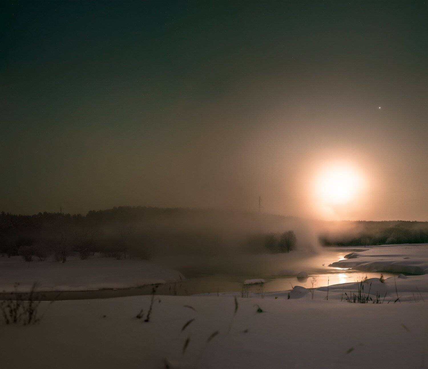 луна, ночь, пейзаж, река, туман, Влад Арт