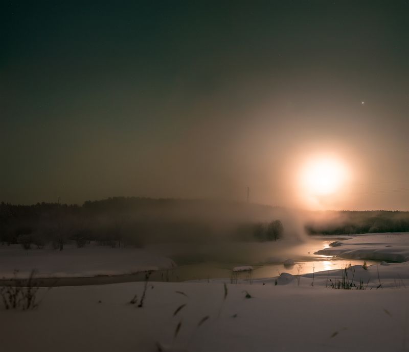 луна, ночь, пейзаж, река, туман восход луны фото превью