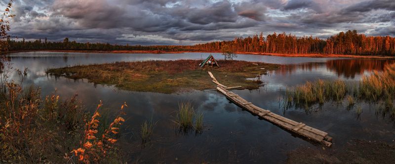 закат, озеро окунево, осень, югра, Рыжая осень фото превью