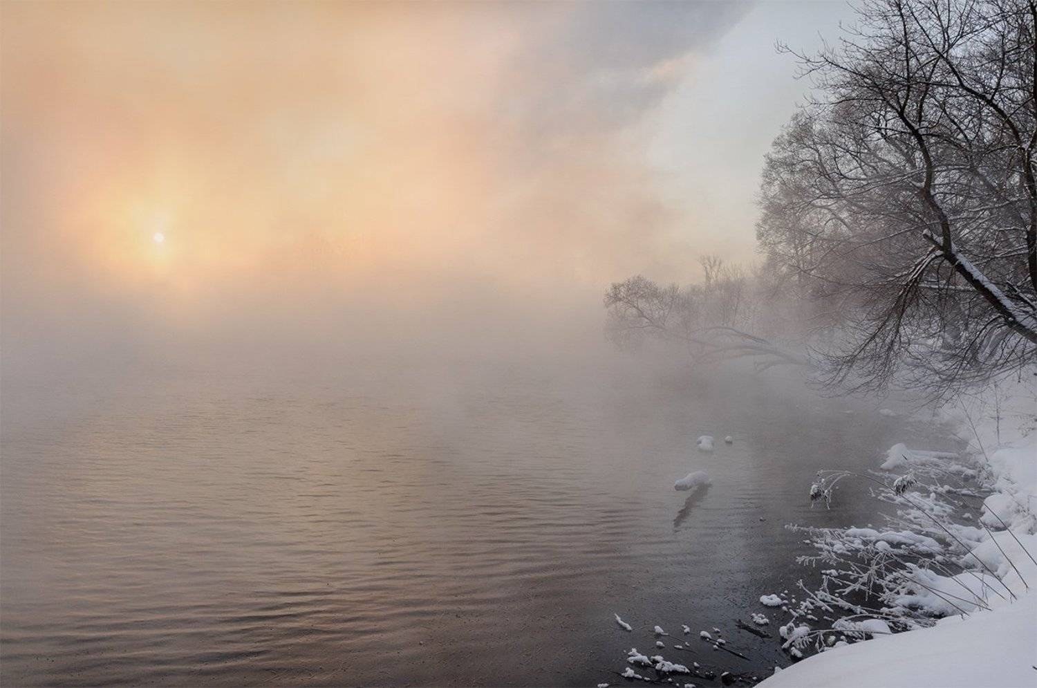 Зима, Мороз, Пейзаж, Рассвет, Река, Туман, Анатолий Зверев