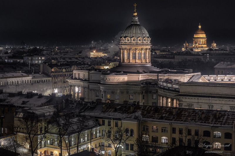 городской пейзаж, архитектура, соборы, архитектура Санкт-Петербурга Ночной Санкт-Петербург, вид на Казанский и Исаакиевский соборы. фото превью