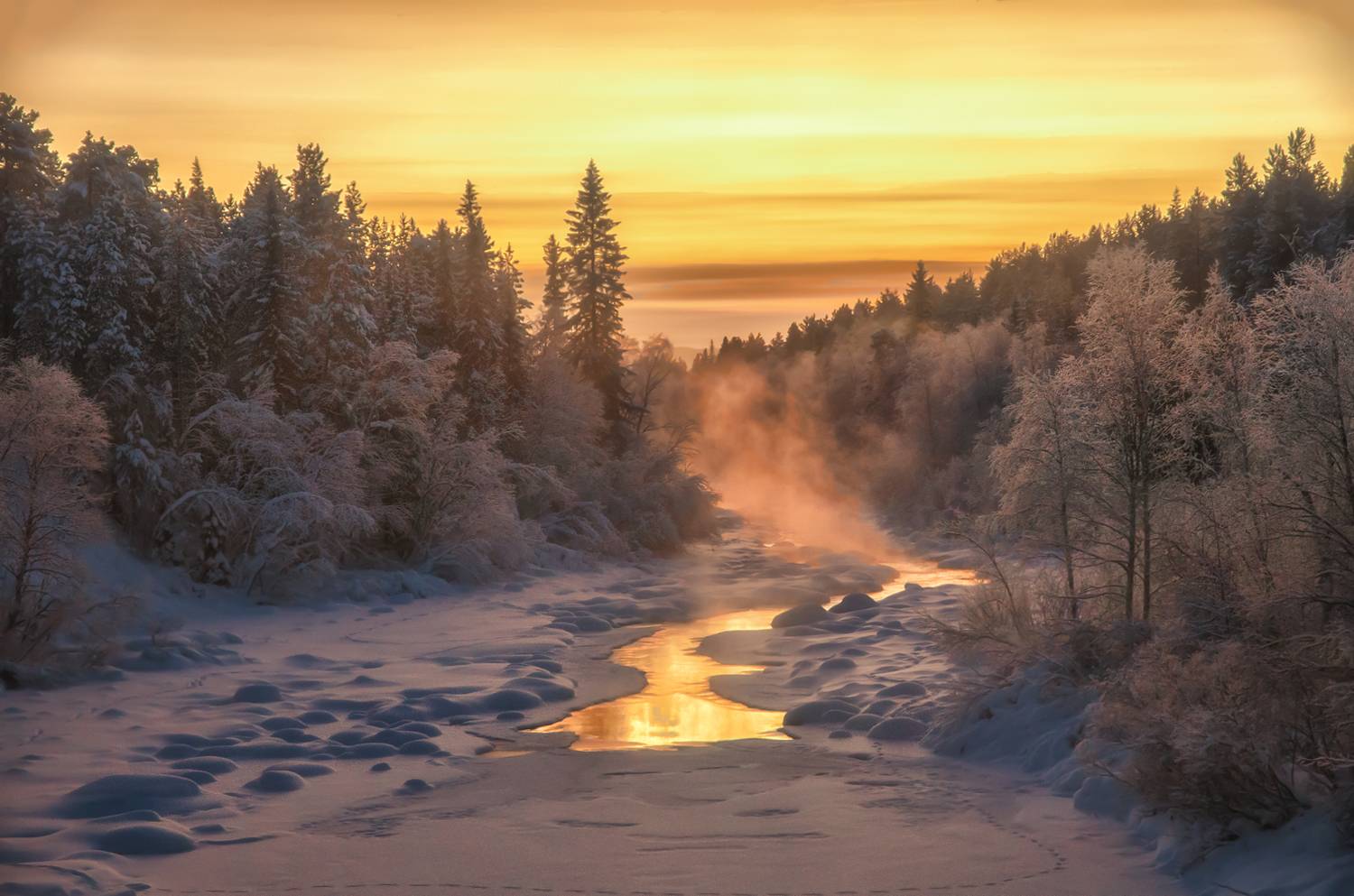 кольский, зима, р.куреньга, закат, Тихонов Сергей