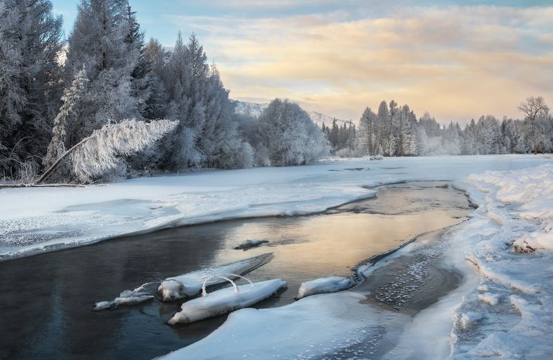 алтай, горный алтай, пейзажи алтая, кош-агачский район, горная река, чуя, лёд, зимний алтай, горы, курайская степь, зима на алтае,  горная тайга, ноябрь Утро замерзающей реки фото превью