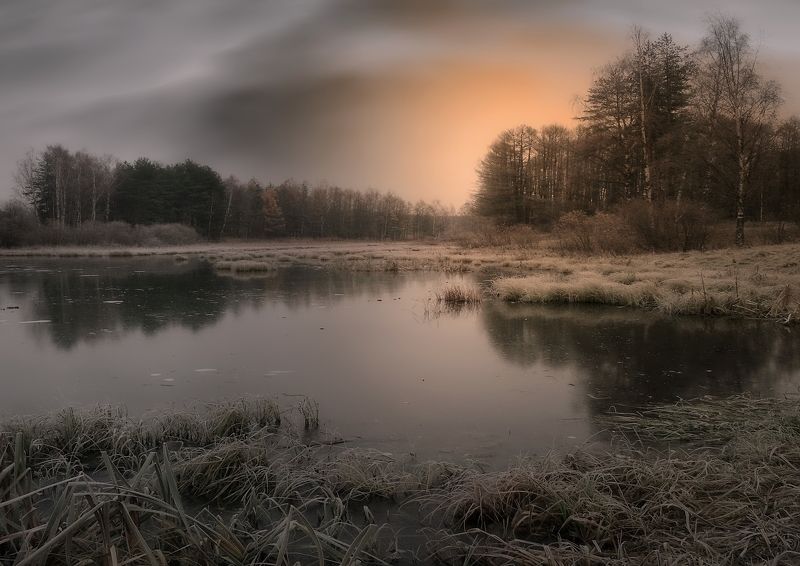 пейзаж, природа, осень, лес, пруд, лед, небо, облака Осенние зарисовки IX фото превью