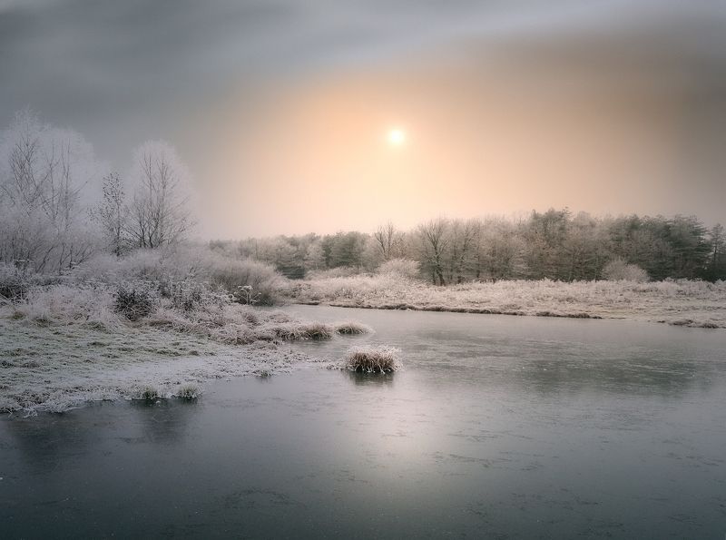 пейзаж, природа, осень, лес, пруд, лед, небо, солнце, облака, иней Осенние зарисовки XI фото превью