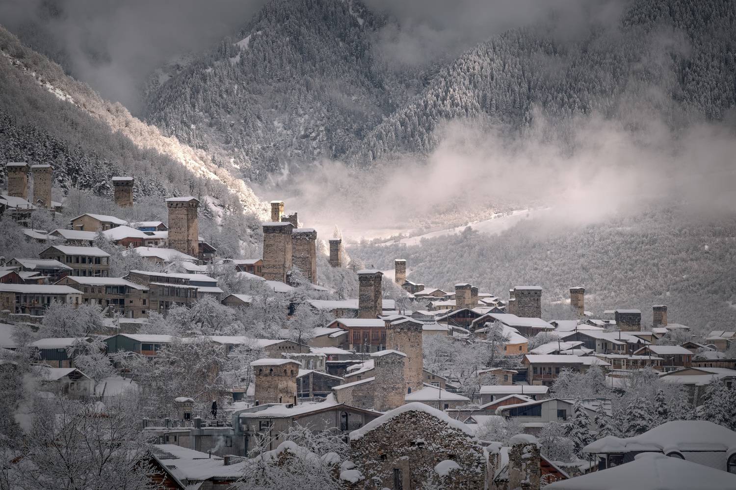 svaneti, mestia, town, towers, snow, snowfall, winter, january, mountains, nature, high, landscape, scenery, travel, outdoors, georgia, sakartvelo, caucasus, chizh, Чиж Андрей