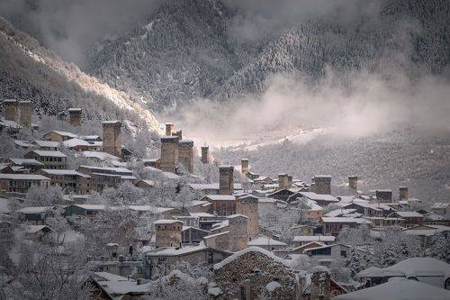 Mestia Towers After Snowfall
