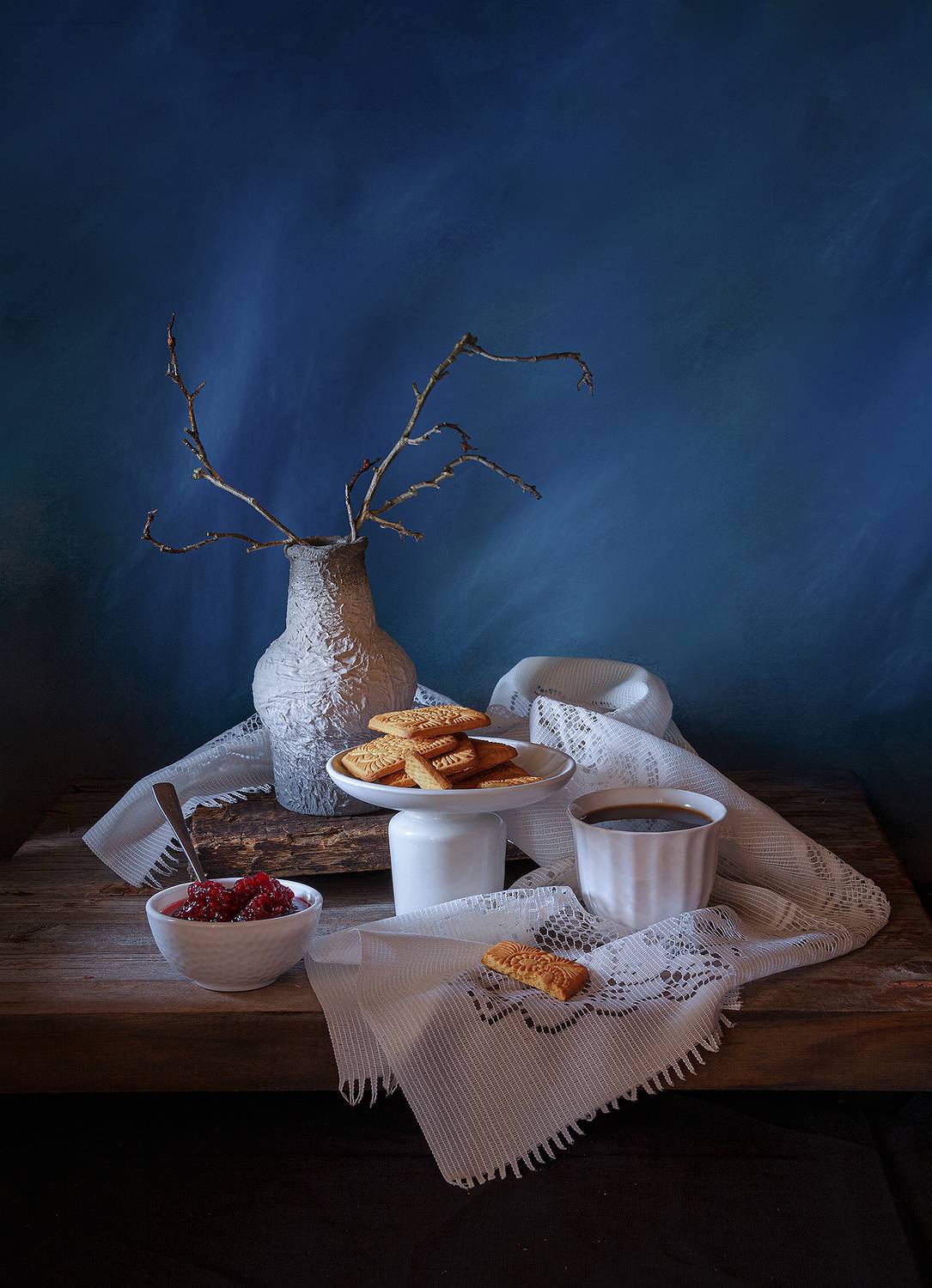 кофе, печенье, чашка, ветки, мороз, зима, холод, метель, варенье, Алексей Бычков