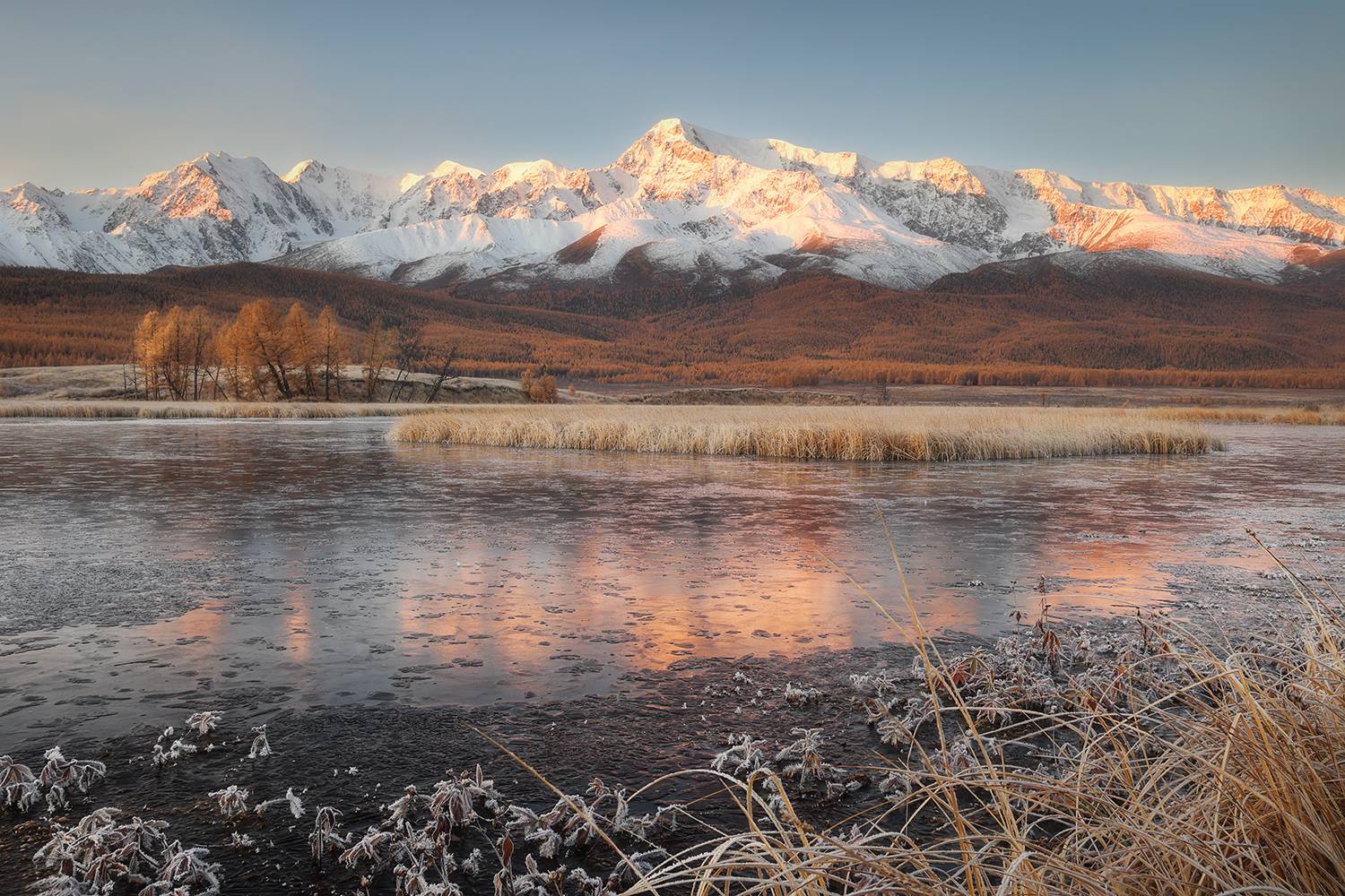 рассвет, утро, озеро, иней, лиственницы, лед, Сергей Буторин